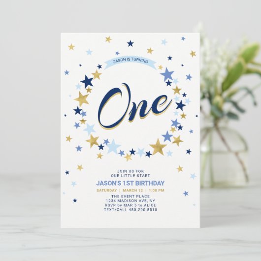Gold Star | Jongen 1e verjaardag uitnodiging (Staand voorkant)