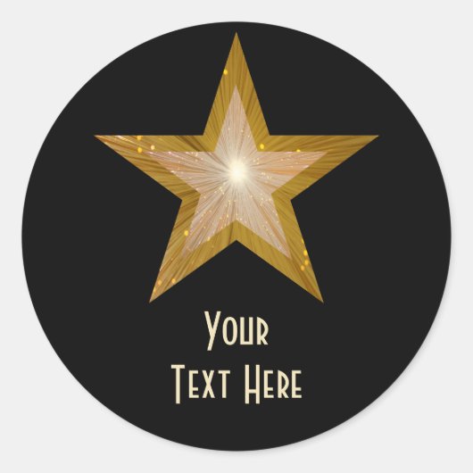 "Gold" Star 'Jouw tekst' ronde sticker zwart (Voorkant)