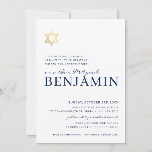 GOLD STAR modern Bar Mitzvah minimaal marineblauw Kaart (Voorkant)