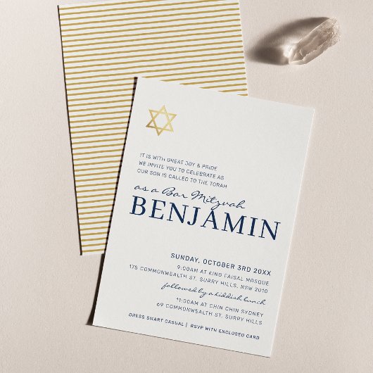 GOLD STAR modern Bar Mitzvah minimaal marineblauw Kaart