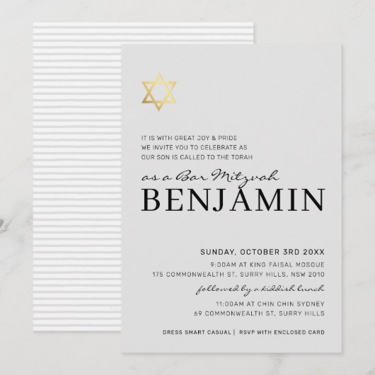 GOLD STAR moderne Bar Mitzvah minimal bord grijs Kaart (Voorkant / Achterkant)