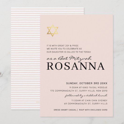 GOLD STAR moderne Bat Mitzvah minimal bord roze Kaart (Voorkant / Achterkant)