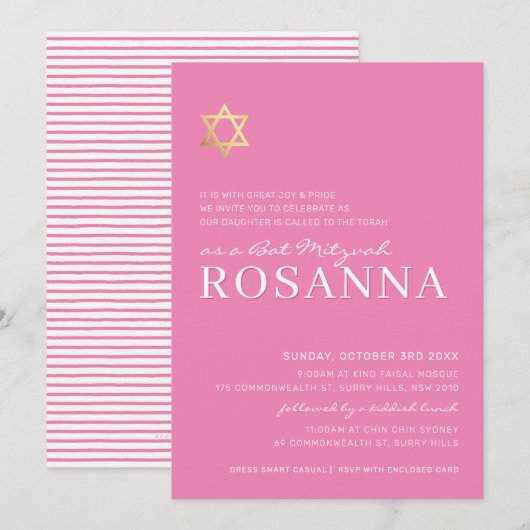 GOLD STAR moderne Bat Mitzvah minimal  roze Kaart (Voorkant / Achterkant)
