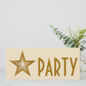 Gold Star 'PARTY' uitnodigingscrème lang Kaart (Staand voorkant)