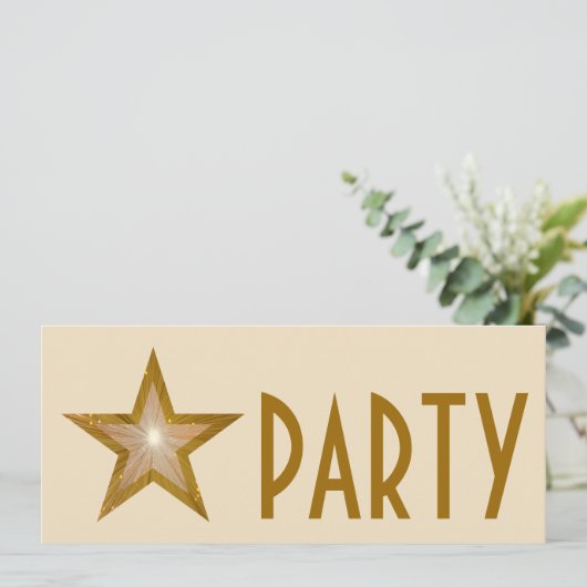 Gold Star 'PARTY' uitnodigingscrème lang Kaart (Staand voorkant)