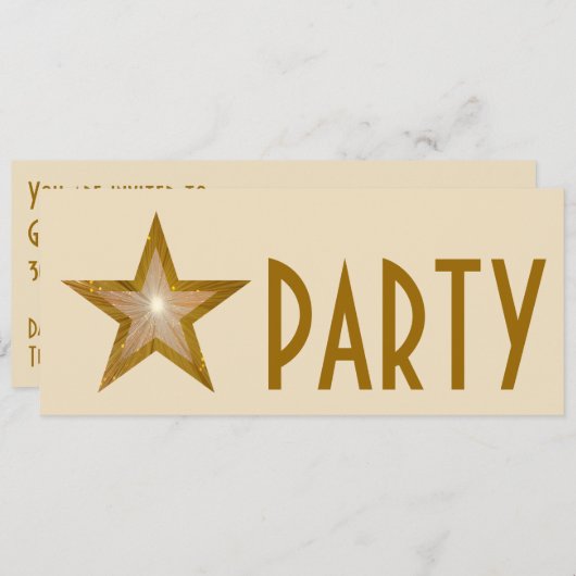 Gold Star 'PARTY' uitnodigingscrème lang Kaart (Voorkant / Achterkant)