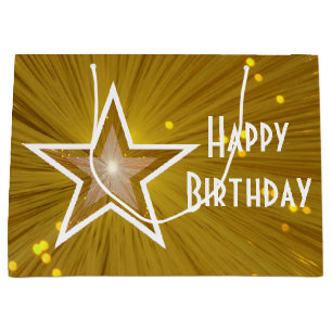 Gold Star print Happy Birthday White, groot Cadeauzakje