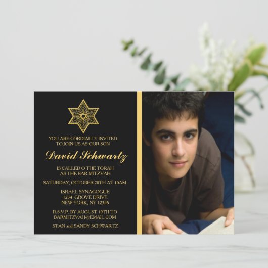 Gold Star van David Bar Mitzvah Afbeelding Invitat Kaart (Staand voorkant)
