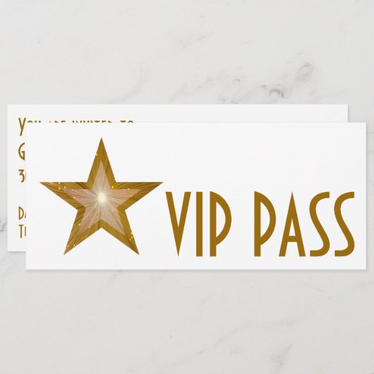 Gold Star 'VIP PASS'-uitnodiging, wit lang Kaart (Voorkant / Achterkant)