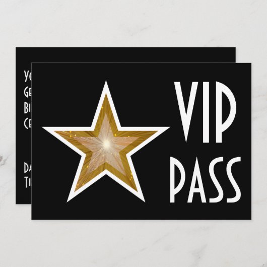 Gold Star 'VIP PASS'-uitnodiging zwart horizontaal Kaart (Voorkant / Achterkant)