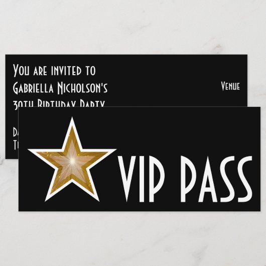 Gold Star 'VIP PASS'-uitnodiging, zwart lang Kaart (Voorkant / Achterkant)