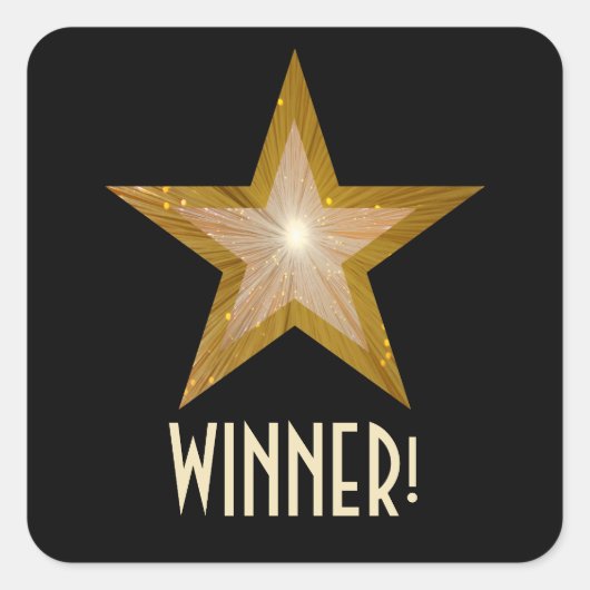 Gold Star 'WINNER' vierkante sticker zwart (Voorkant)
