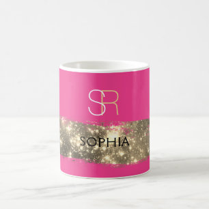 Gold Stardust Brush Stroke Monogram/Naam Diep roze Koffiemok