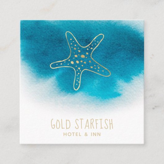 *~* Gold STARFISH Beach Ocean Zee White Blauwgroen Vierkante Visitekaartje (Voorkant)
