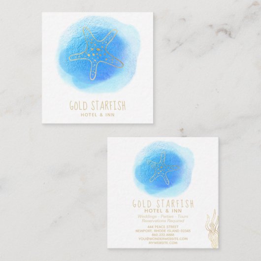 *~* Gold STARFISH Beach Ocean Zee White Blue Blob Vierkante Visitekaartje (Voorkant / Achterkant)