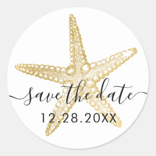 Gold Starfish Beach Wedding Save the Date Seal Ronde Sticker
