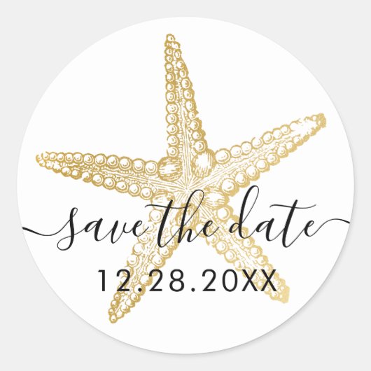 Gold Starfish Beach Wedding Save the Date Seal Ronde Sticker (Voorkant)