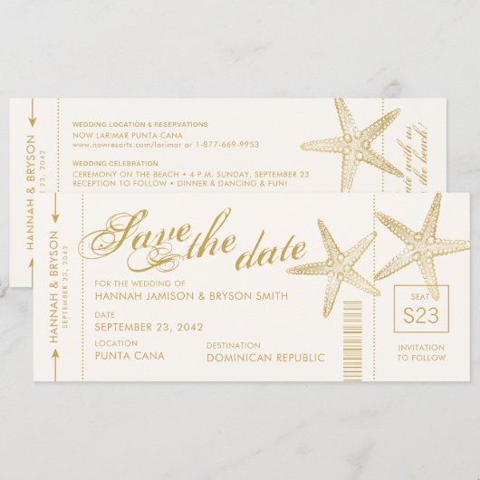 Gold Starfish boarding Pass Airplane Ticket Save The Date (Voorkant / Achterkant)