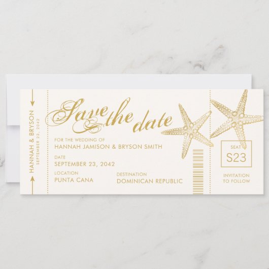 Gold Starfish boarding Pass Airplane Ticket Save The Date (Voorkant)