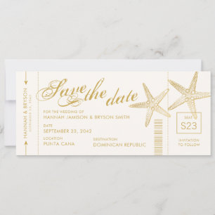 Gold Starfish boarding Pass Airplane Ticket Save The Date