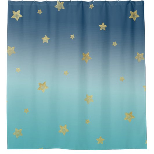 Gold Stars Aqua Blue Ombre Douchegordijn (Voorkant)