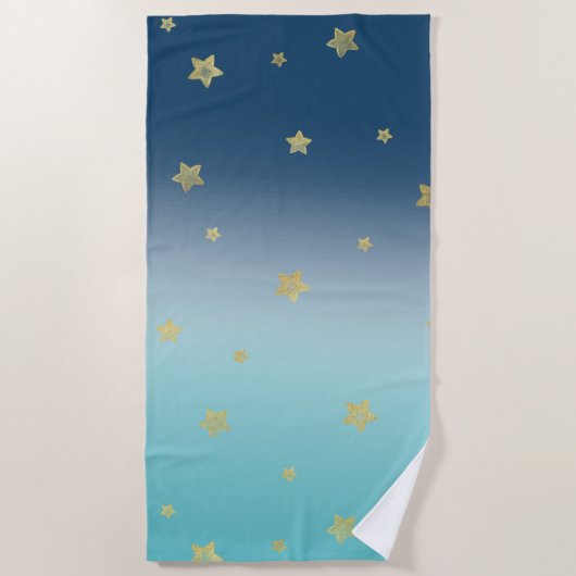 Gold Stars Aqua Blue Ombre Strandlaken (Voorkant)