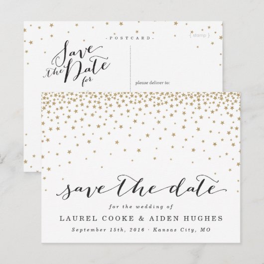 Gold Stars bijtend modern sparen de datum Aankondigingskaart (Voorkant / Achterkant)