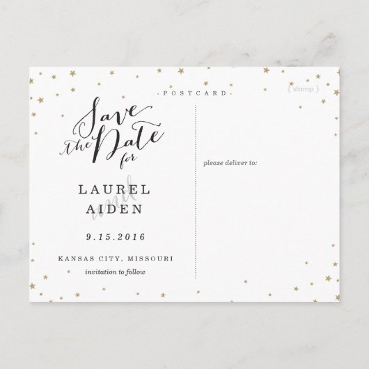 Gold Stars bijtend modern sparen de datum Aankondigingskaart (Achterkant)