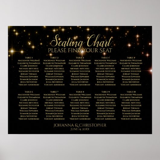 Gold Stars Black 10 Table Wedding Seating Chart Poster (Voorkant)