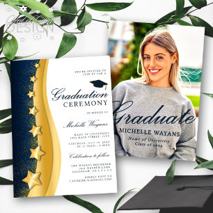 Gold Stars Blue Afstuderen Ceremony & Party Kaart