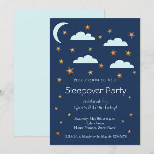 Gold Stars Blue Clouds Birthday Sleepover Party Kaart