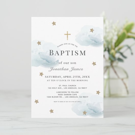 Gold Stars & Blue Clouds Boy Baptisme Kaart (Staand voorkant)