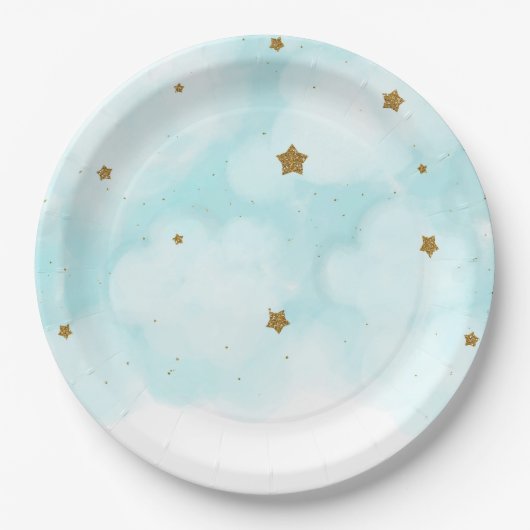 Gold Stars & Blue Sky Clouds Baby shower Party Papieren Bordje (Voorkant)