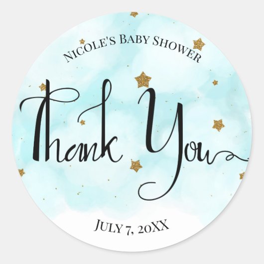 Gold Stars & Blue Sky Clouds Baby shower Ronde Sticker (Voorkant)