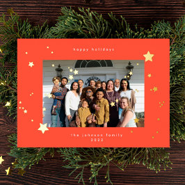 Gold Stars Cherry Red FoHappy Kerstfeest Folie Feestdagenkaart