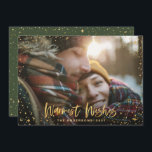 Gold stars Christmas 1 photo green modern Feestdagenkaart<br><div class="desc">Gold Season's greetings stars 1 photo holiday card. With a script text and gold effect design,  back ground color can be change to suit your style.</div>