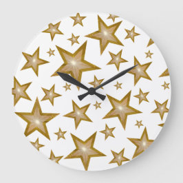 "Gold" Stars clock round white Grote Klok