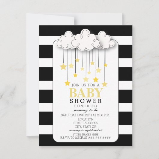 Gold Stars Cloud Black + White Neutral Baby shower Kaart (Voorkant)