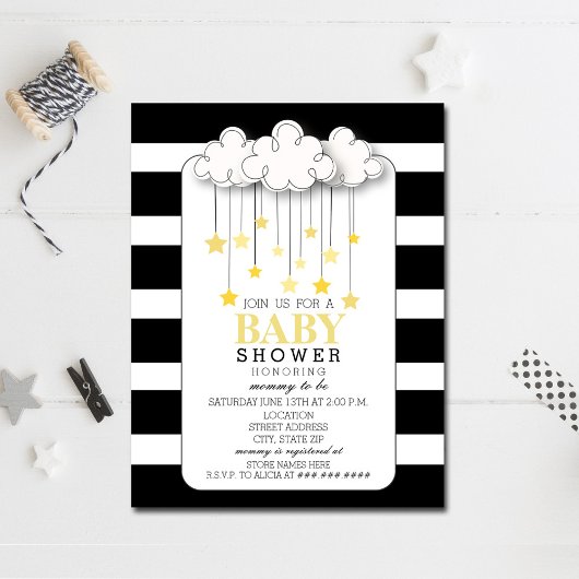 Gold Stars Cloud Black + White Neutral Baby shower Kaart