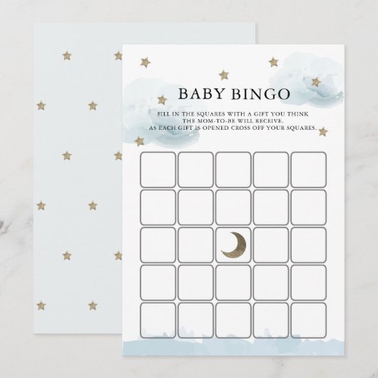 Gold Stars & Clouds Baby shower Bingo Game Card Kaart (Voorkant / Achterkant)