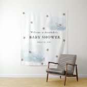 Gold Stars & Clouds Baby shower Tapestry Wandkleed (In situ)
