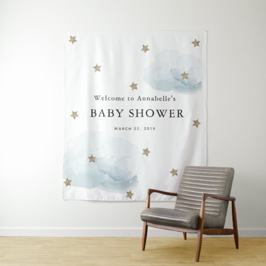 Gold Stars & Clouds Baby shower Tapestry Wandkleed (In situ)