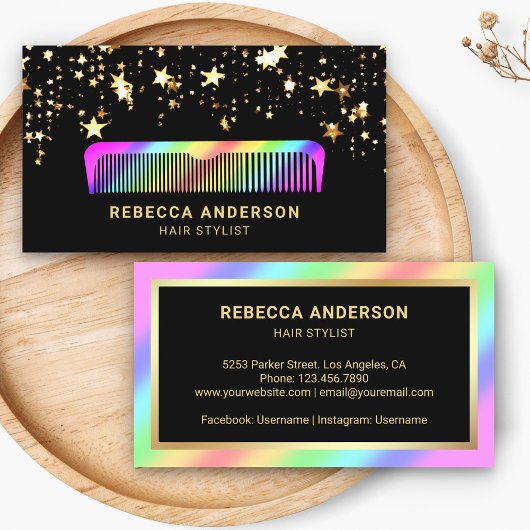 Gold Stars Confetti Rainbow Comb Hair Stylist Visitekaartje