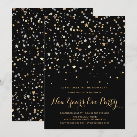 Gold Stars Confetti | Uitnodiging tot het Eve Nieu (Voorkant / Achterkant)