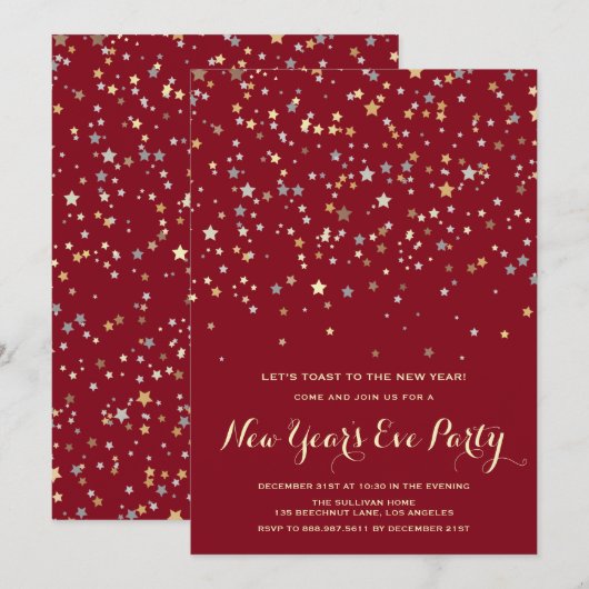 Gold Stars Confetti | Uitnodiging tot het Eve Nieu (Voorkant / Achterkant)