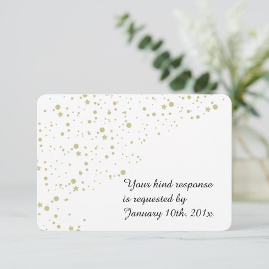 Gold Stars Confetti White Wedding RSVP Kaartje (Staand voorkant)