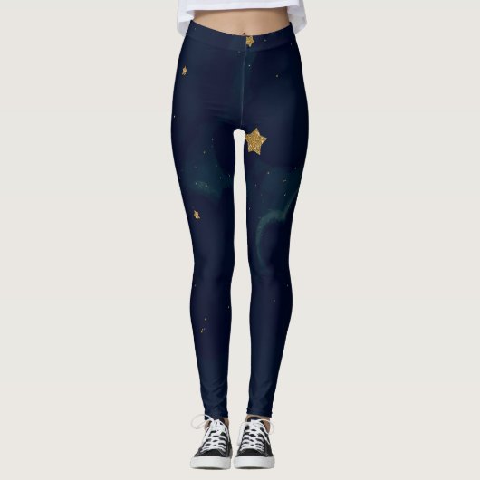 Gold Stars & Dark Blue Sky Clouds Schattige Celest Leggings (Voorkant)