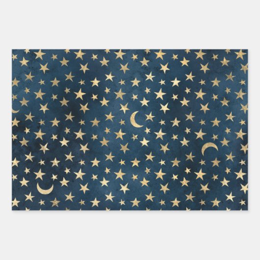 Gold Stars en Mons op blauw Inpakpapier Vel (Voorkant 3)