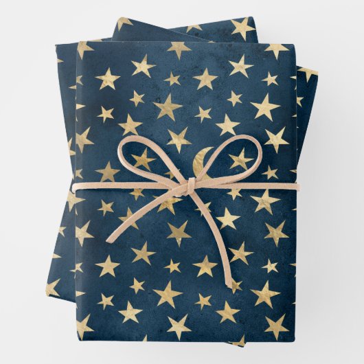 Gold Stars en Mons op blauw Inpakpapier Vel (In situ)