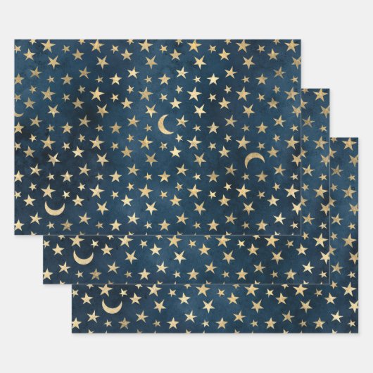 Gold Stars en Mons op blauw Inpakpapier Vel (Set)